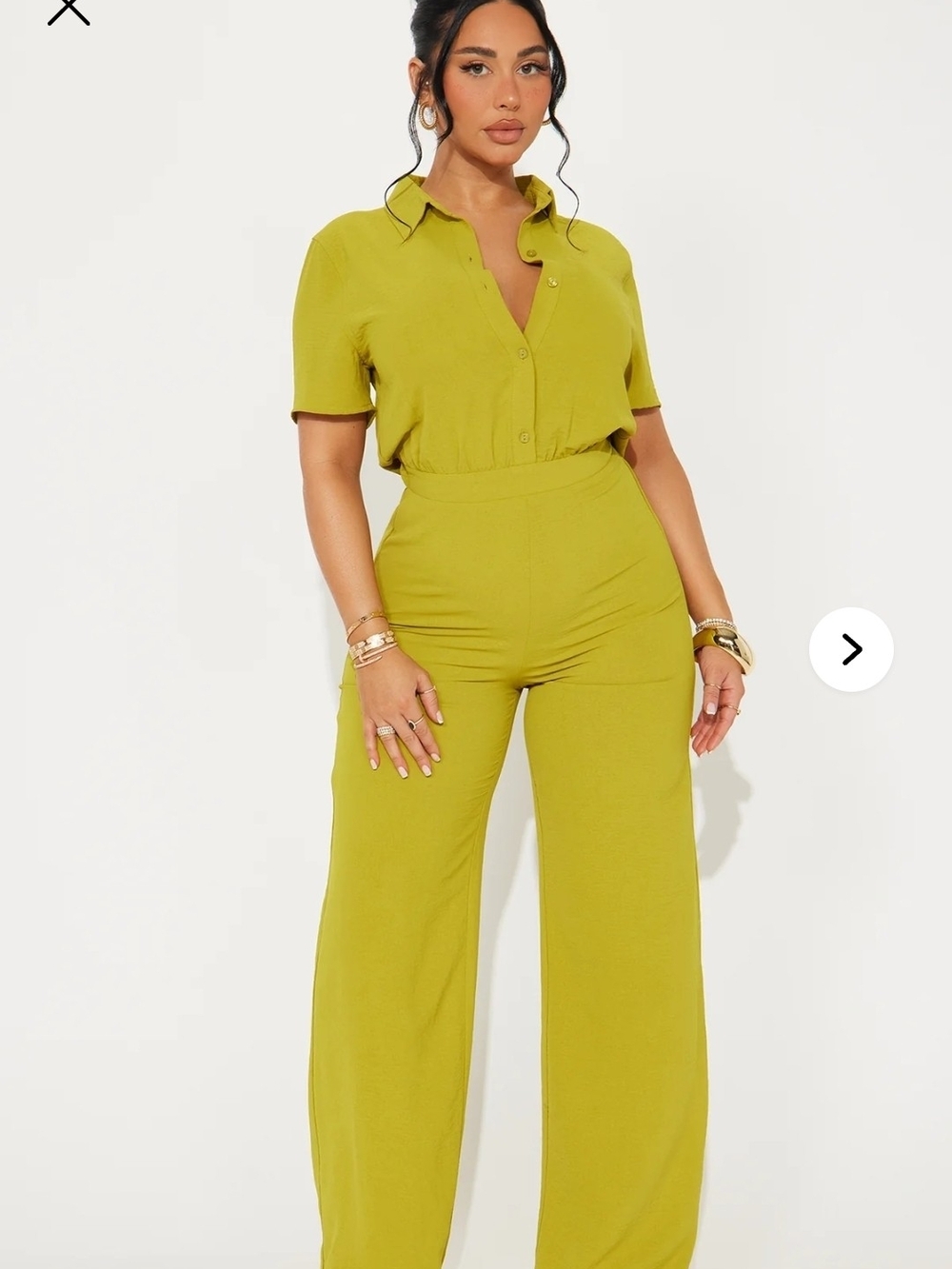 Fashion Nova Chartreuse Mackenzie Short Sleeve Jumpsuit (L)